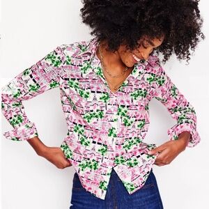 Boden Sienna Cotton Shirt sz 0 Ivory Pink Green Botanical Greenhouse Print NWT